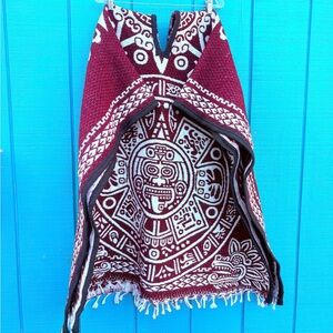 One Size Poncho Burgundy Red With White Hand Made In México Aztec‎ Calendar